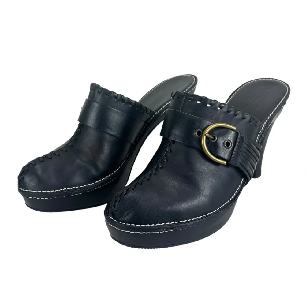 Coach Women 9B Katryna Black Leather 4.5” Heeled Mules‎ Clog Buckle & Fringe